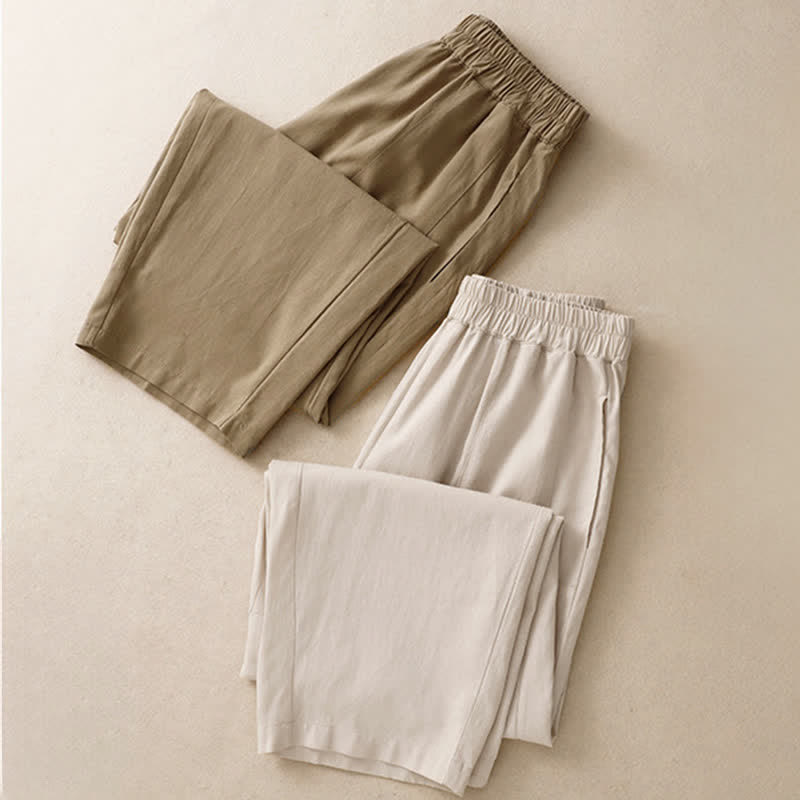 Buddha Stones Spring Solid Color Elastic Waist Cotton Women's Straight Leg Pants With Pockets - image 17