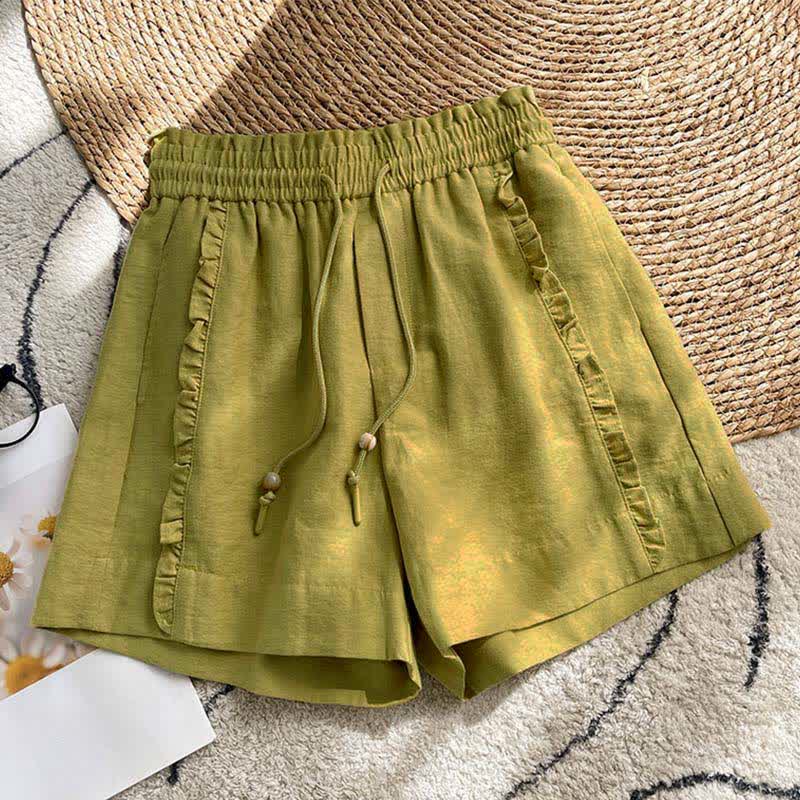 Buddha Stones Summer Drawstring Ruffle Elastic Waist Women's Shorts With Pockets - OliveDrab - US8-10，UK/AU12-14，EU40-42 (2XL) - image 0