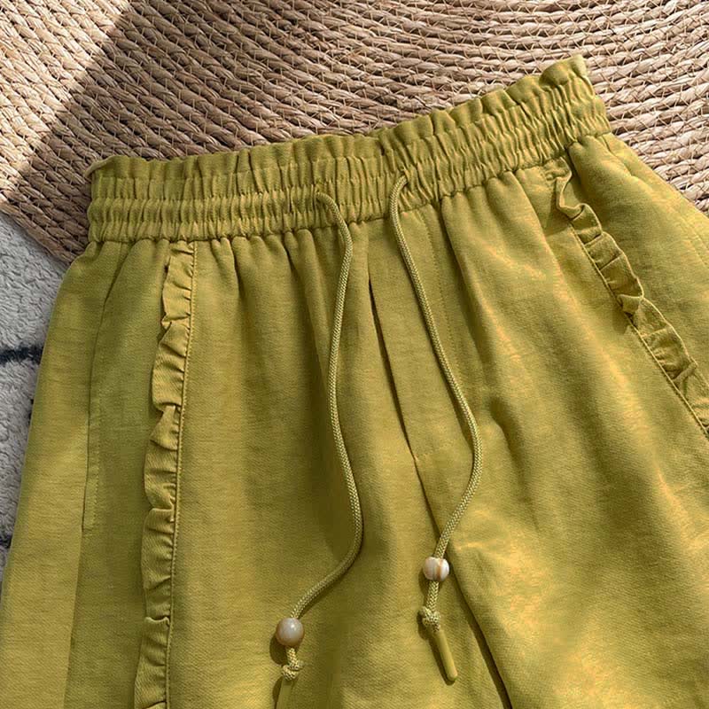 Buddha Stones Summer Drawstring Ruffle Elastic Waist Women's Shorts With Pockets - image 1