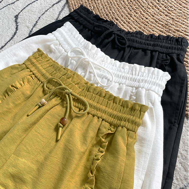 Buddha Stones Summer Drawstring Ruffle Elastic Waist Women's Shorts With Pockets - image 28