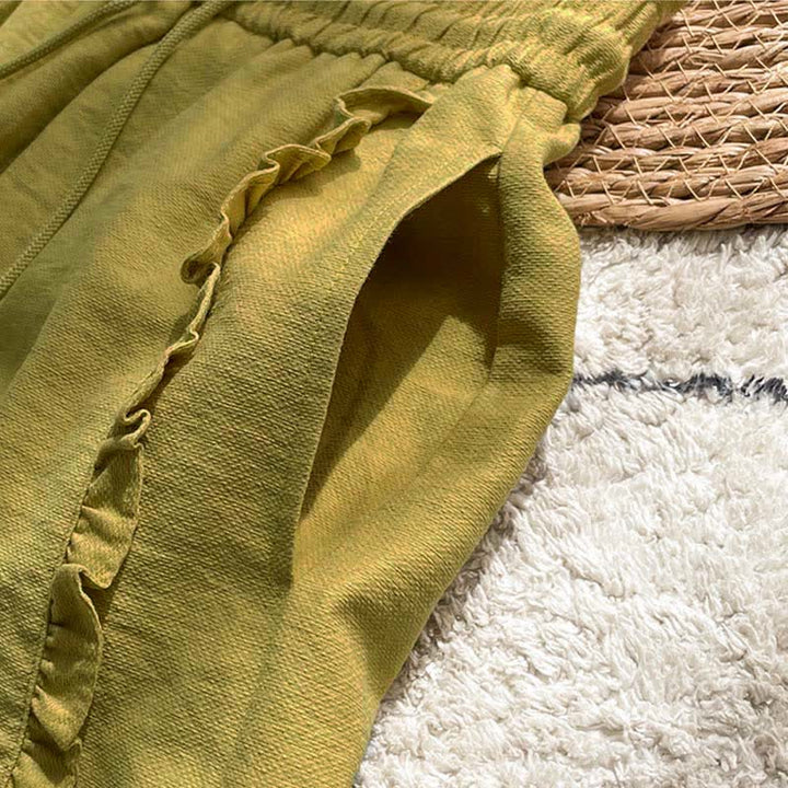 Buddha Stones Summer Drawstring Ruffle Elastic Waist Women's Shorts With Pockets - image 5