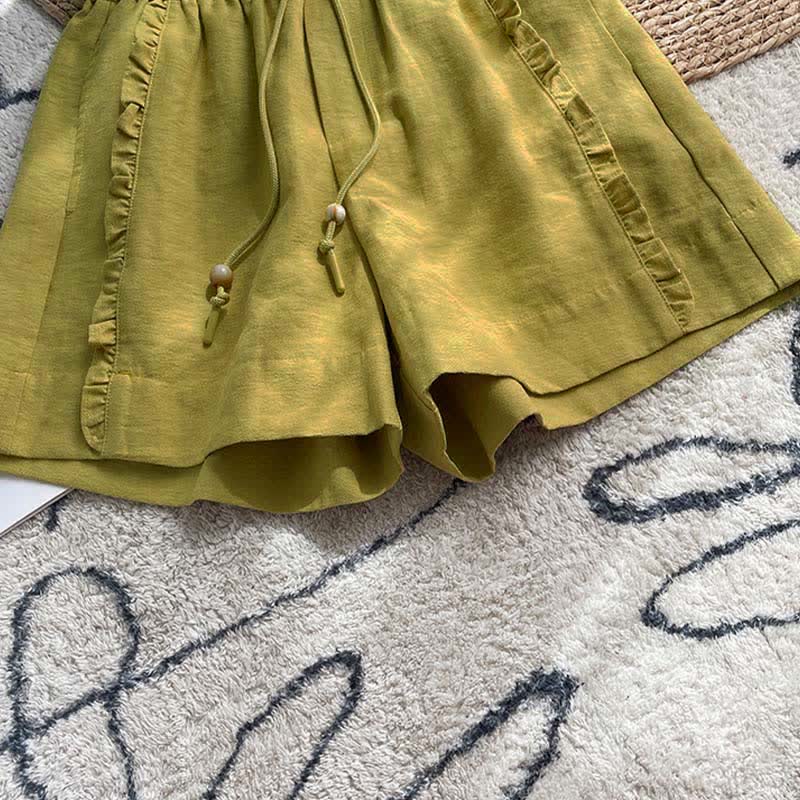 Buddha Stones Summer Drawstring Ruffle Elastic Waist Women's Shorts With Pockets - image 6