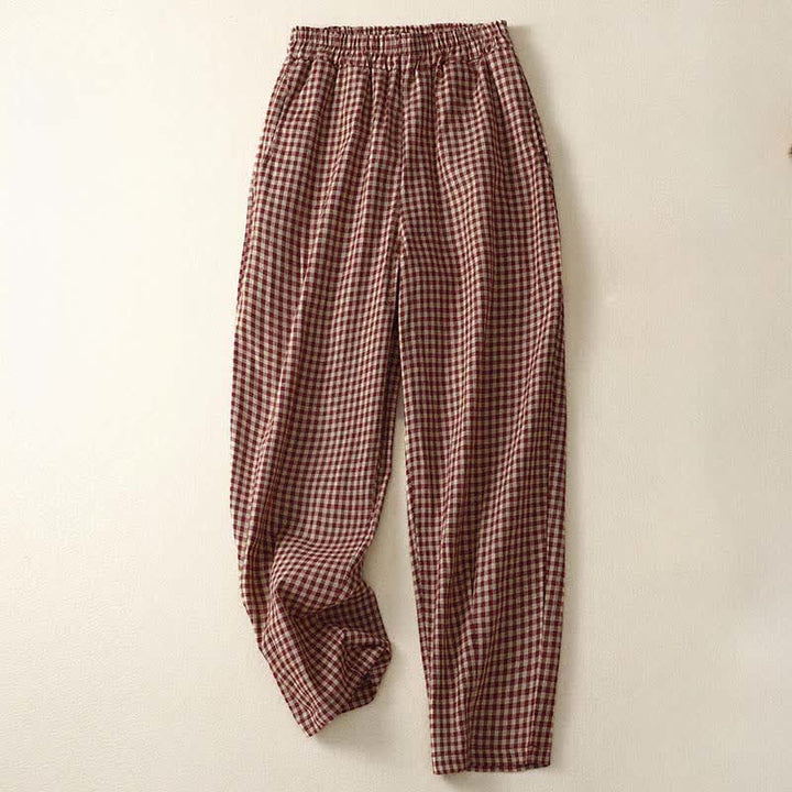 Buddha Stones Summer Plaid Elastic Waist Cropped Women's Tapered Pants With Pockets - FireBrick - US8-10，UK/AU12-14，EU40-42 (2XL) - image 0