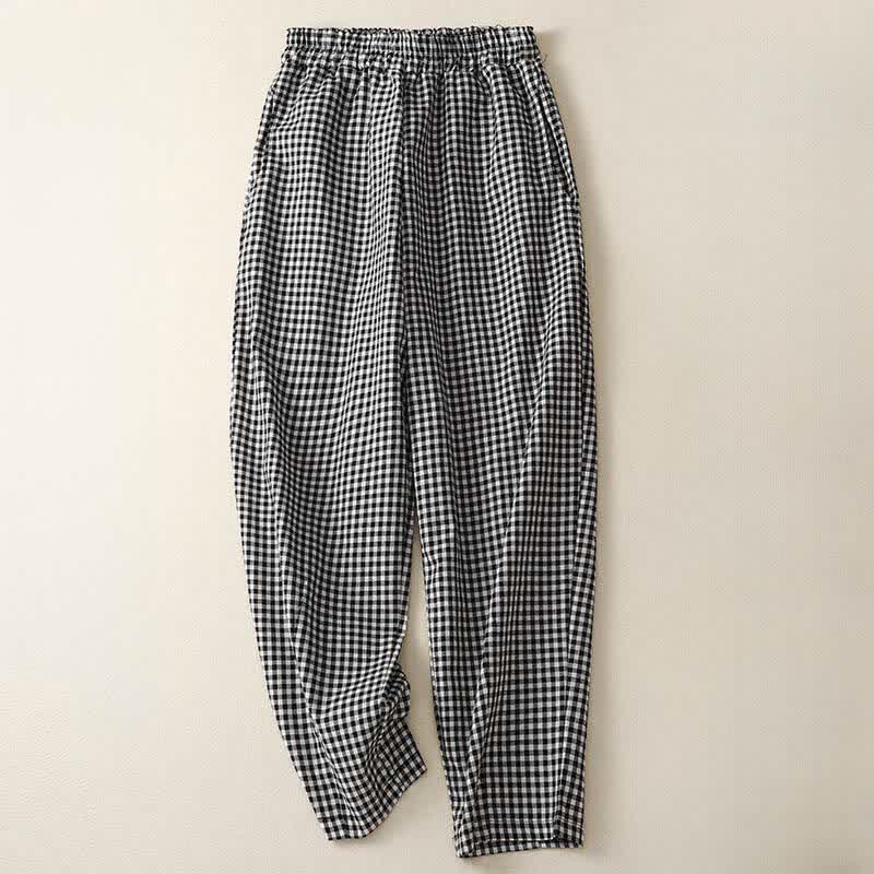 Buddha Stones Summer Plaid Elastic Waist Cropped Women's Tapered Pants With Pockets - Black - US8-10，UK/AU12-14，EU40-42 (2XL) - image 6