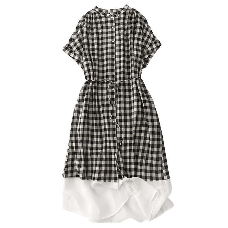 Buddha Stones Spring Gingham Knee Length Women's Short Sleeve Dress With Tie Waist Chiffon Hem - Black - US12，UK/AU16，EU44 (2XL) - image 0