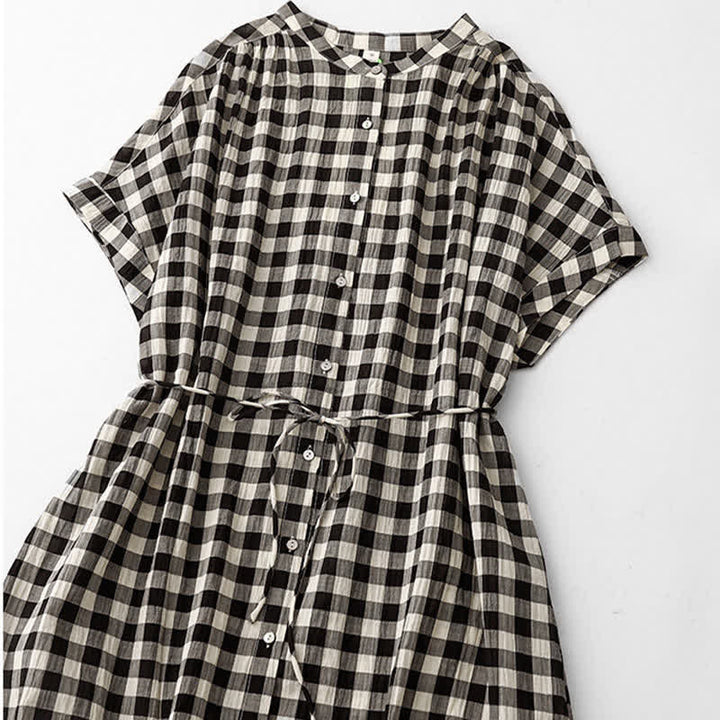 Buddha Stones Spring Gingham Knee Length Women's Short Sleeve Dress With Tie Waist Chiffon Hem - image 2
