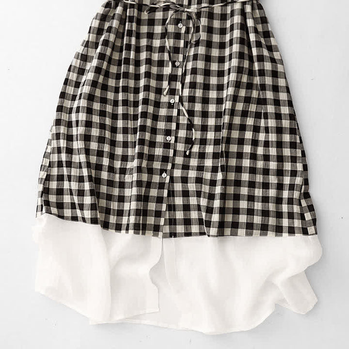 Buddha Stones Spring Gingham Knee Length Women's Short Sleeve Dress With Tie Waist Chiffon Hem - image 8