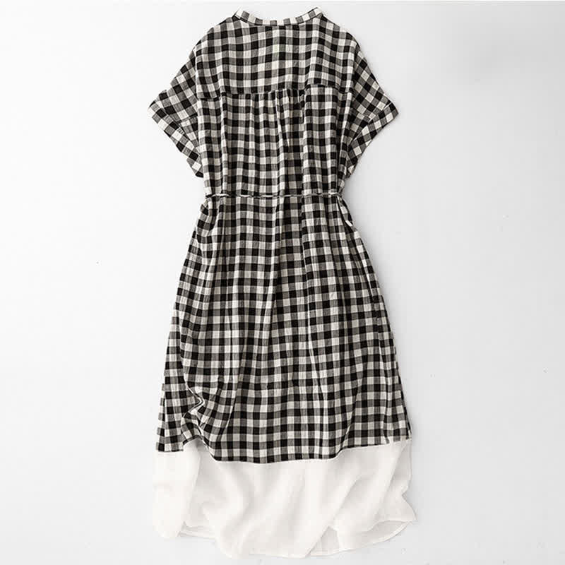Buddha Stones Spring Gingham Knee Length Women's Short Sleeve Dress With Tie Waist Chiffon Hem - image 1