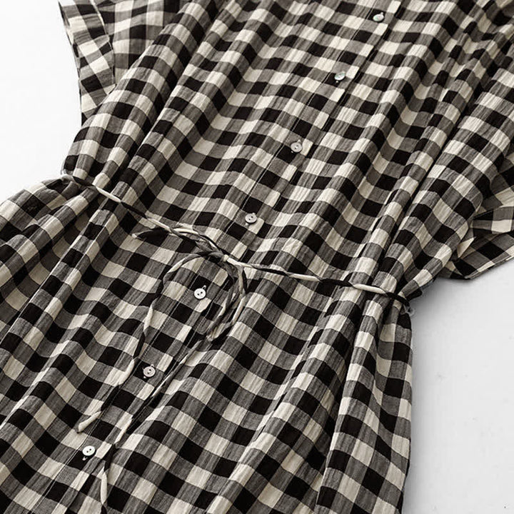 Buddha Stones Spring Gingham Knee Length Women's Short Sleeve Dress With Tie Waist Chiffon Hem - image 5