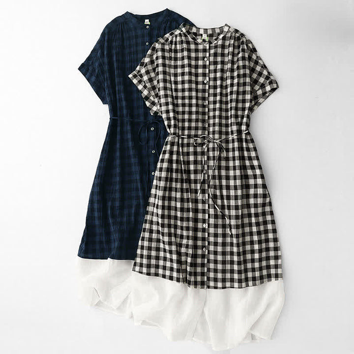 Buddha Stones Spring Gingham Knee Length Women's Short Sleeve Dress With Tie Waist Chiffon Hem - image 17