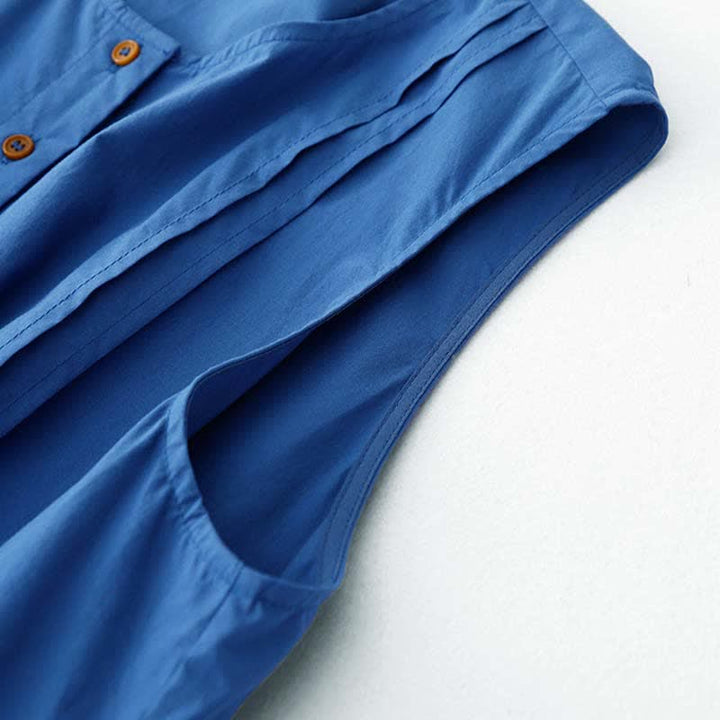 Buddha Stones Summer Buttons Pleated Knee Length Women's Sleeveless Dress With Pockets - image 7