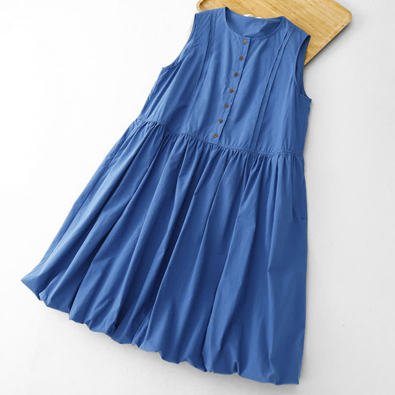 Buddha Stones Summer Buttons Pleated Knee Length Women's Sleeveless Dress With Pockets - CornflowerBlue - US12，UK/AU16，EU44 (2XL) - image 1