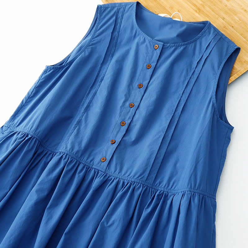 Buddha Stones Summer Buttons Pleated Knee Length Women's Sleeveless Dress With Pockets - image 3