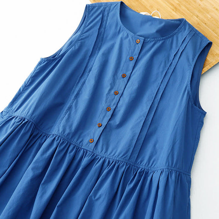 Buddha Stones Summer Buttons Pleated Knee Length Women's Sleeveless Dress With Pockets - image 3