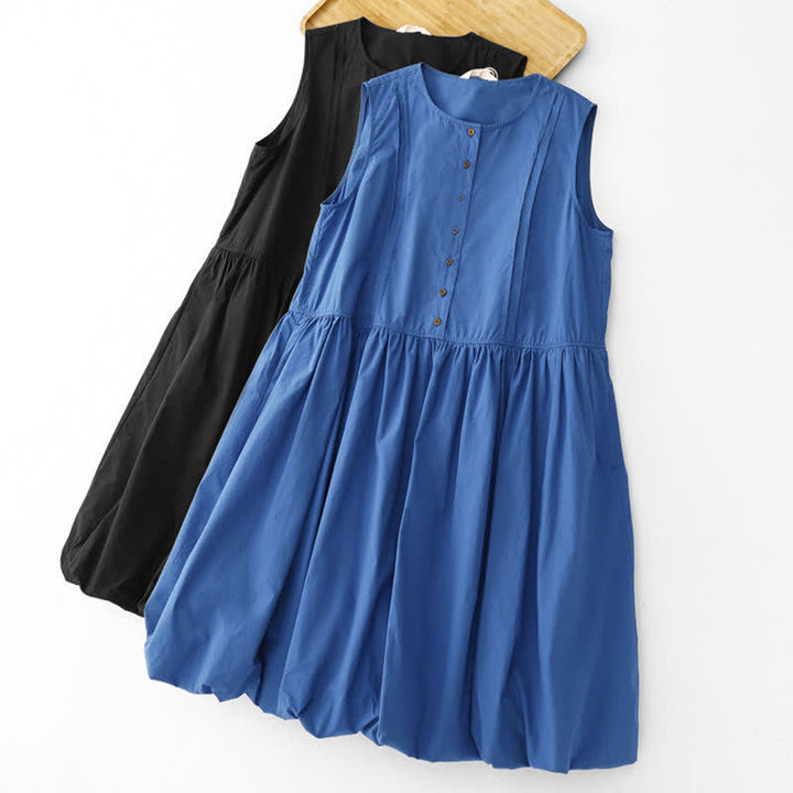 Buddha Stones Summer Buttons Pleated Knee Length Women's Sleeveless Dress With Pockets - image 0