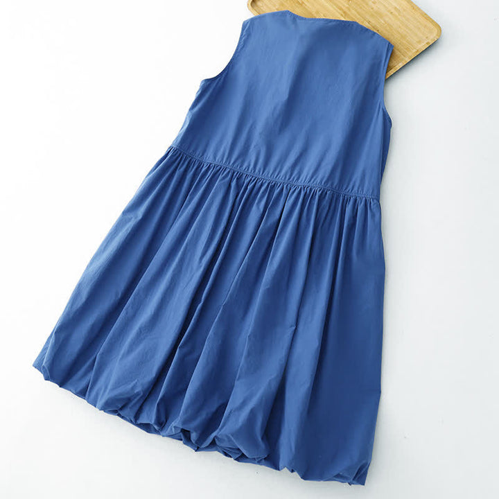 Buddha Stones Summer Buttons Pleated Knee Length Women's Sleeveless Dress With Pockets - image 2