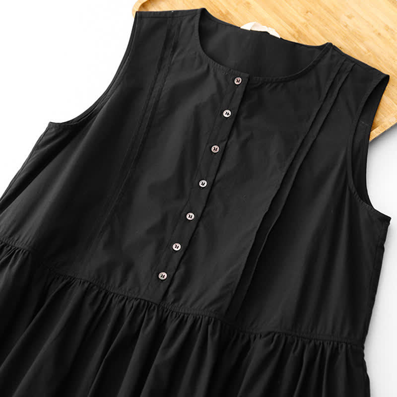 Buddha Stones Summer Buttons Pleated Knee Length Women's Sleeveless Dress With Pockets - image 15