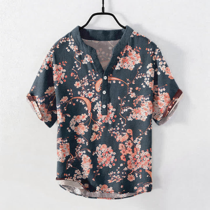 Buddha Stones Cotton Pink Floral Henley Men's Short Sleeve Half Button Shirt - DarkSlateGray - US/UK/AU50，EU60 (5XL) - image 0