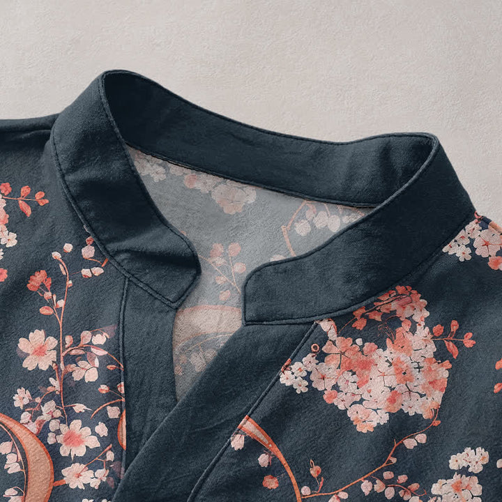 Buddha Stones Cotton Pink Floral Henley Men's Short Sleeve Half Button Shirt - image 2
