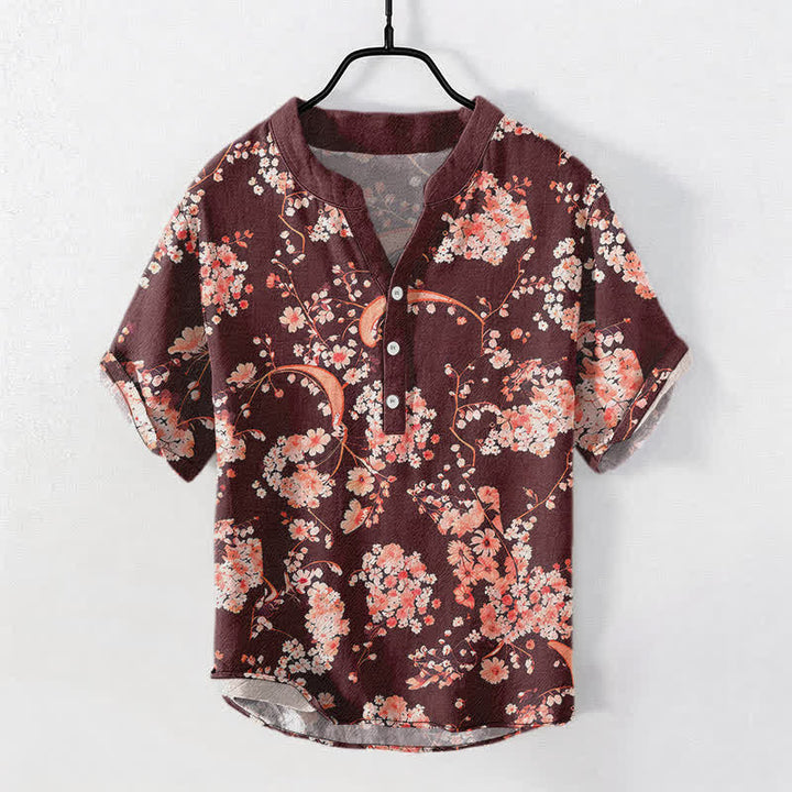 Buddha Stones Cotton Pink Floral Henley Men's Short Sleeve Half Button Shirt - DarkRed - US/UK/AU50，EU60 (5XL) - image 5