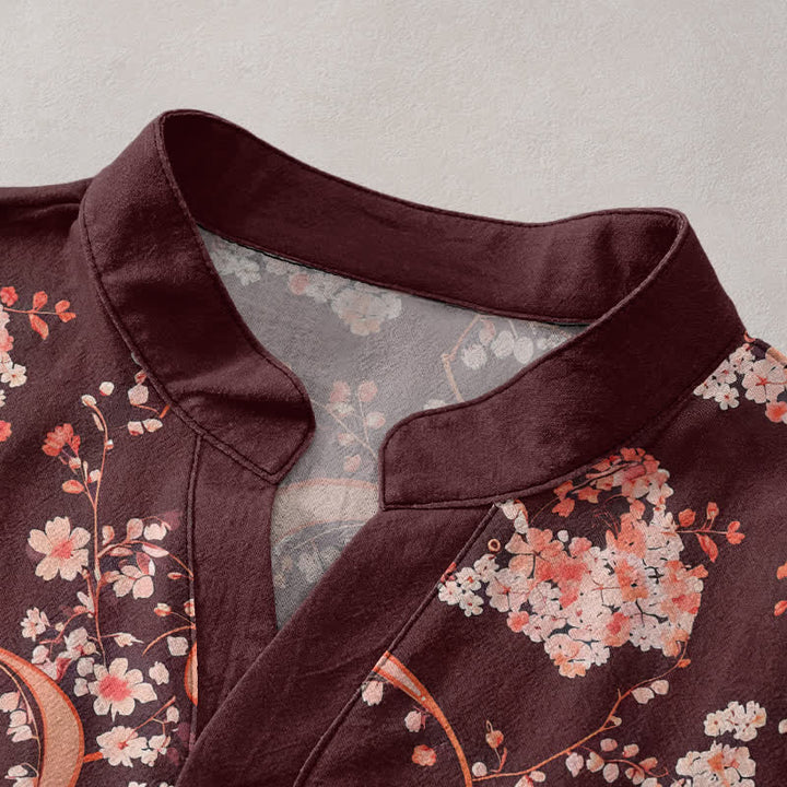 Buddha Stones Cotton Pink Floral Henley Men's Short Sleeve Half Button Shirt - image 7