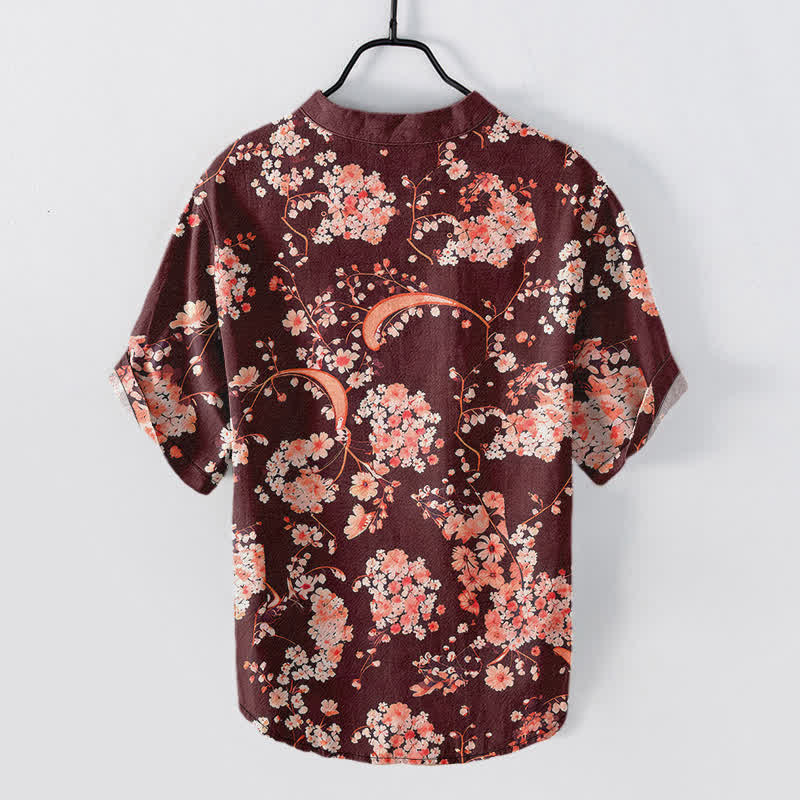 Buddha Stones Cotton Pink Floral Henley Men's Short Sleeve Half Button Shirt - image 6