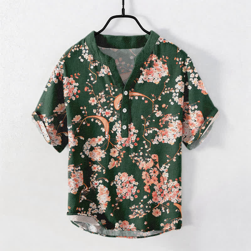 Buddha Stones Cotton Pink Floral Henley Men's Short Sleeve Half Button Shirt - DarkGreen - US/UK/AU50，EU60 (5XL) - image 10