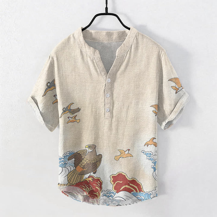 Buddha Stones Cotton Ocean Bird Wave Rock Print Men's Short Sleeve Half Button Shirt - AntiqueWhite - US/UK/AU50，EU60 (5XL) - image 3
