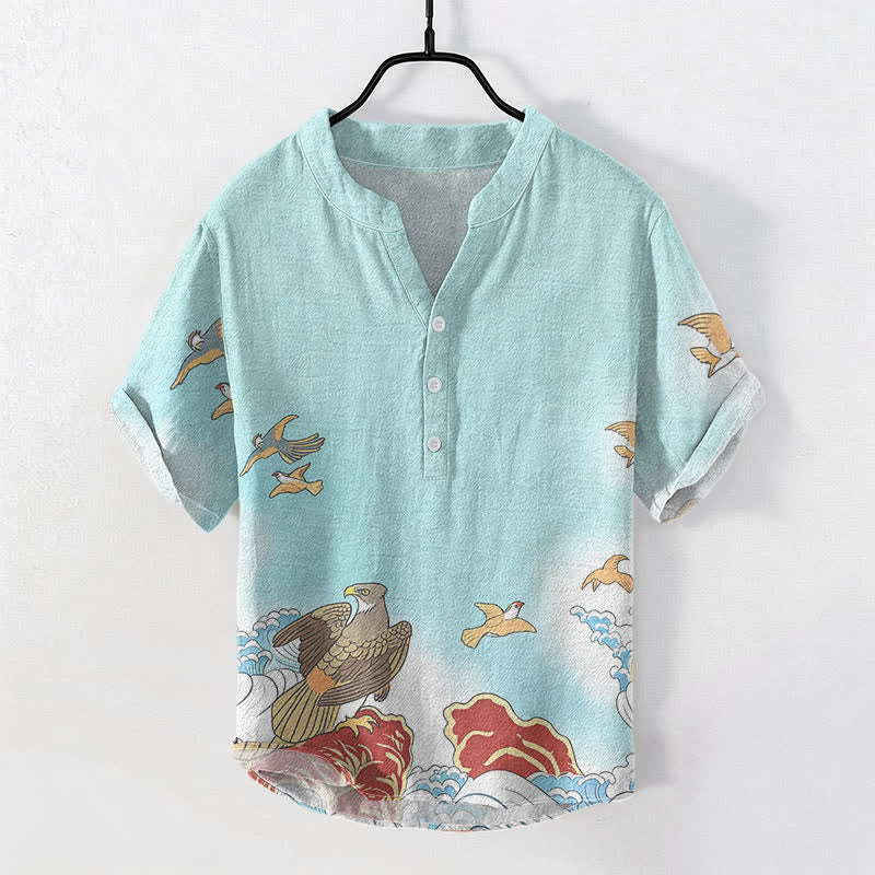 Buddha Stones Cotton Ocean Bird Wave Rock Print Men's Short Sleeve Half Button Shirt - Turquoise - US/UK/AU50，EU60 (5XL) - image 5