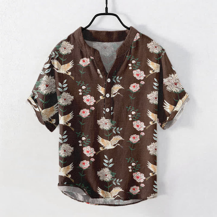 Buddha Stones Cotton Crane Floral Print Men's Short Sleeve Half Button Shirt - SaddleBrown - US/UK/AU50，EU60 (5XL) - image 10