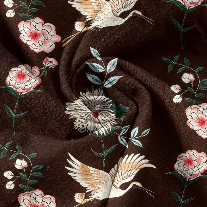 Buddha Stones Cotton Crane Floral Print Men's Short Sleeve Half Button Shirt - image 14