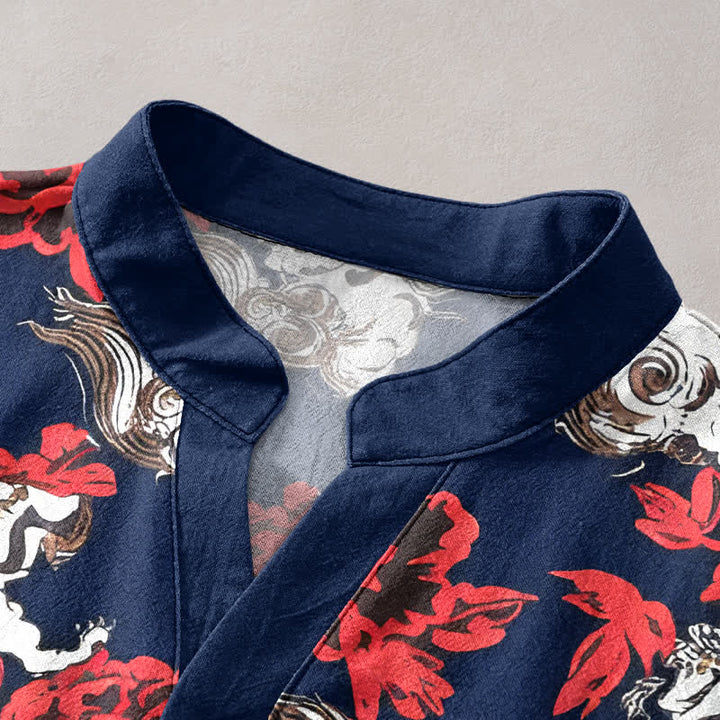 Buddha Stones Cotton Red Floral Cloud Print Henley Men's Short Sleeve Half Button Shirt - image 7