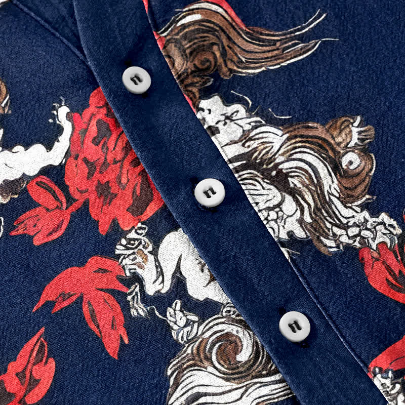 Buddha Stones Cotton Red Floral Cloud Print Henley Men's Short Sleeve Half Button Shirt - image 8