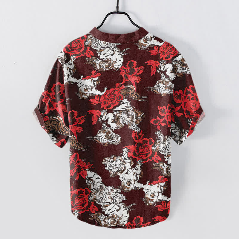 Buddha Stones Cotton Red Floral Cloud Print Henley Men's Short Sleeve Half Button Shirt - image 11