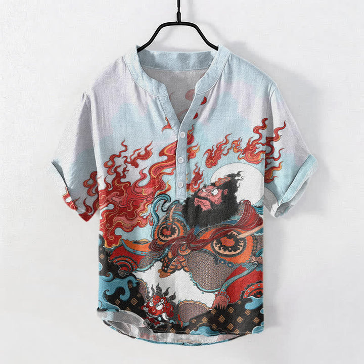 Buddha Stones Cotton Mythic Flame Print Men's Short Sleeve Half Button Shirt - PowderBlue - US/UK/AU50，EU60 (5XL) - image 0