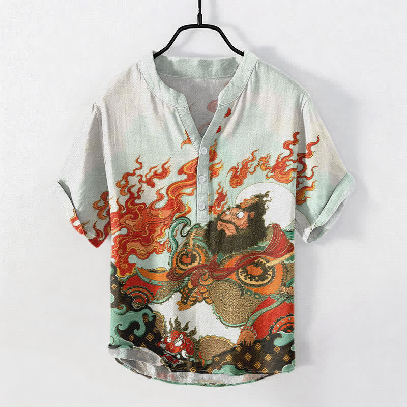 Buddha Stones Cotton Mythic Flame Print Men's Short Sleeve Half Button Shirt - Honeydew - US/UK/AU50，EU60 (5XL) - image 5
