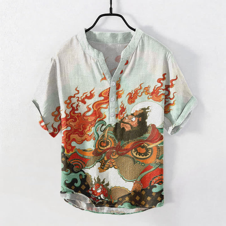 Buddha Stones Cotton Mythic Flame Print Men's Short Sleeve Half Button Shirt - Honeydew - US/UK/AU50，EU60 (5XL) - image 5