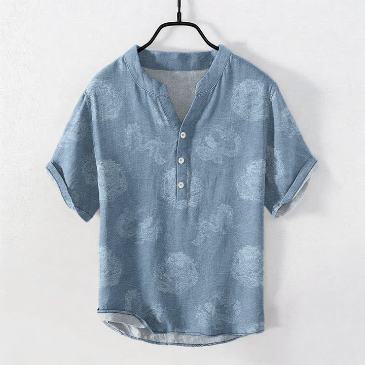 Buddha Stones Cotton Dragon Print Men's Short Sleeve Half Button Shirt - LightSkyBlue - US/UK/AU50，EU60 (5XL) - image 0