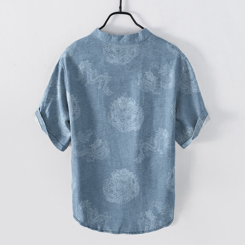 Buddha Stones Cotton Dragon Print Men's Short Sleeve Half Button Shirt - image 1
