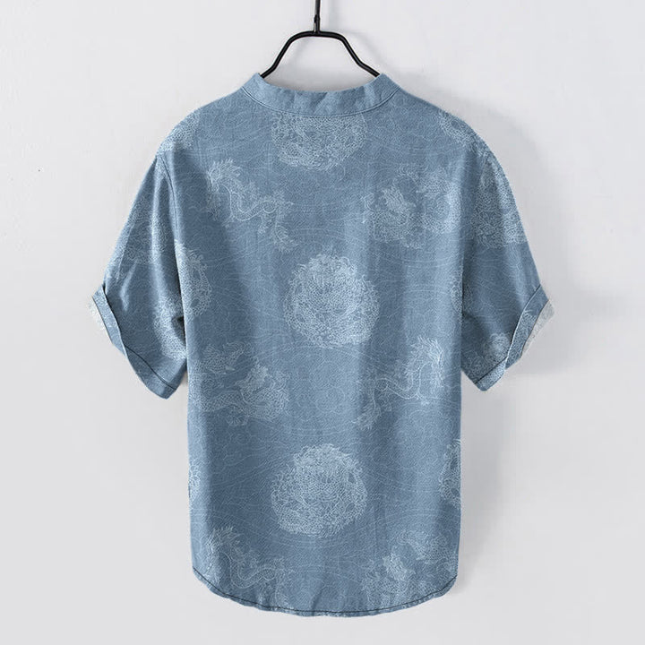 Buddha Stones Cotton Dragon Print Men's Short Sleeve Half Button Shirt - image 1