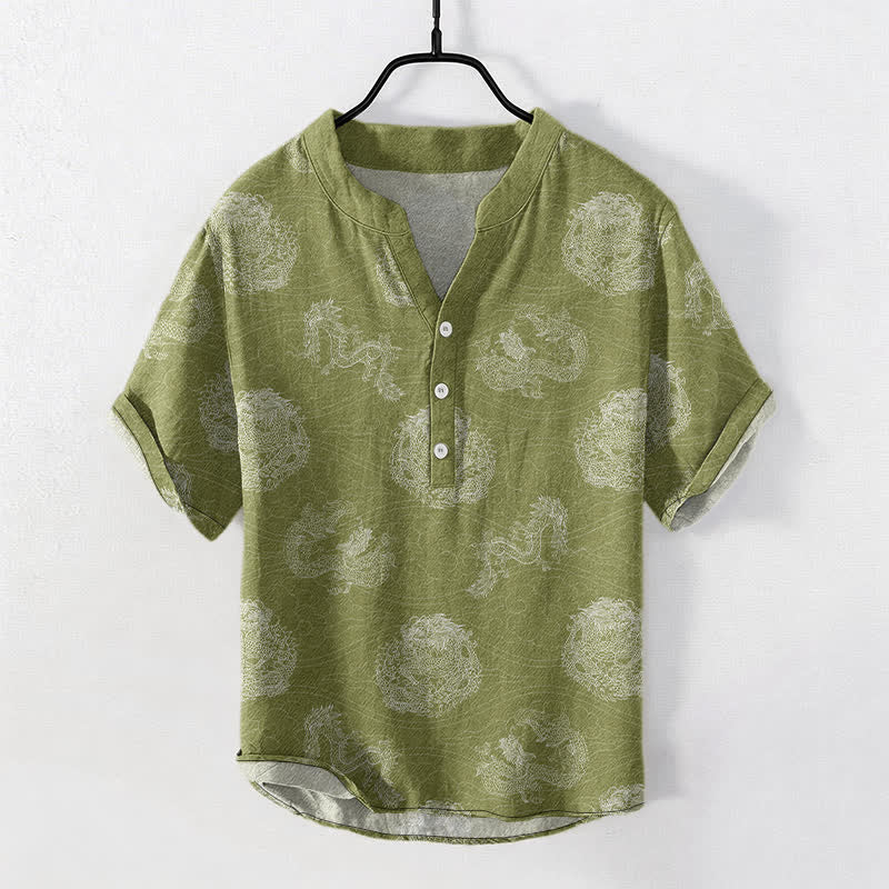 Buddha Stones Cotton Dragon Print Men's Short Sleeve Half Button Shirt - YellowGreen - US/UK/AU50，EU60 (5XL) - image 5