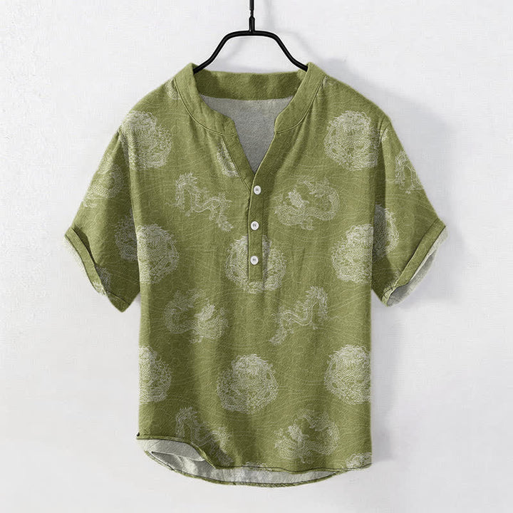 Buddha Stones Cotton Dragon Print Men's Short Sleeve Half Button Shirt - YellowGreen - US/UK/AU50，EU60 (5XL) - image 5