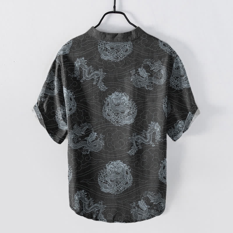 Buddha Stones Cotton Dragon Print Men's Short Sleeve Half Button Shirt - image 8