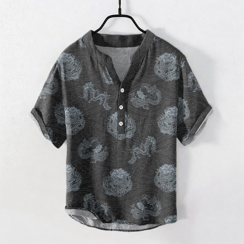 Buddha Stones Cotton Dragon Print Men's Short Sleeve Half Button Shirt - DimGray - US/UK/AU50，EU60 (5XL) - image 7
