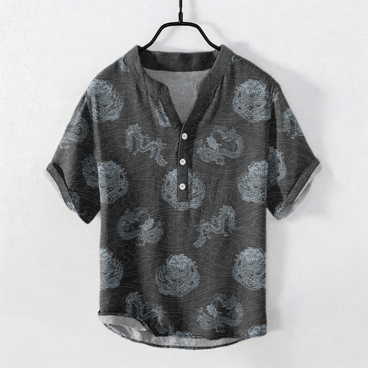 Buddha Stones Cotton Dragon Print Men's Short Sleeve Half Button Shirt - DimGray - US/UK/AU50，EU60 (5XL) - image 7