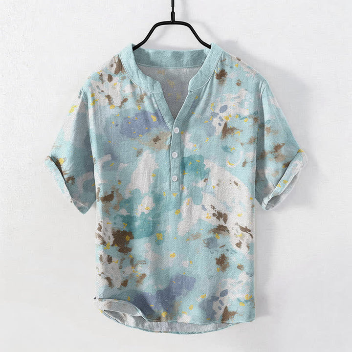 Buddha Stones Cotton Watercolor Splash Men's Short Sleeve Half Button Shirt - PaleTurquoise - US/UK/AU50，EU60 (5XL) - image 0