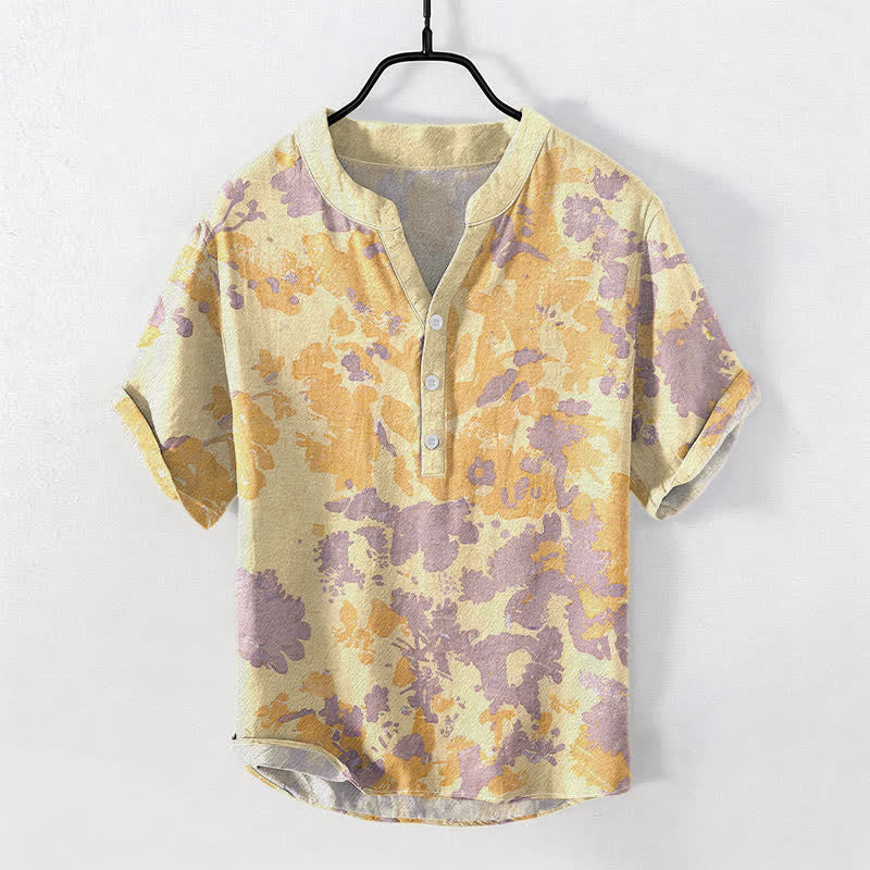 Buddha Stones Cotton Watercolor Floral Henley Men's Short Sleeve Half Button Shirt - Khaki - US/UK/AU50，EU60 (5XL) - image 3