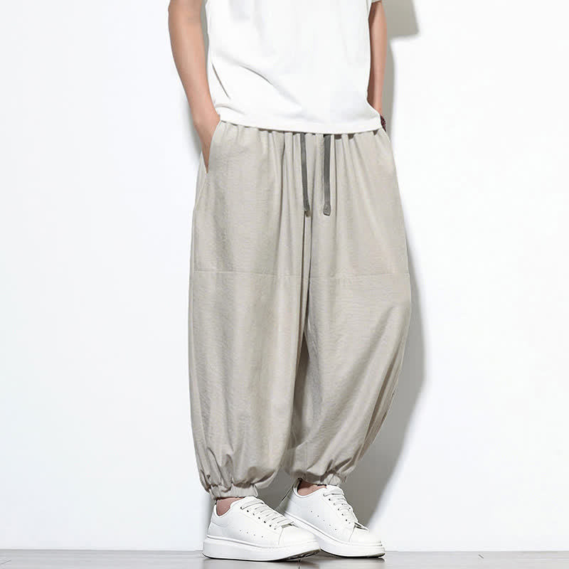 Buddha Stones Spring Solid Color Drawstring Cropped Men's Harem Cotton Pants With Pockets - image 13
