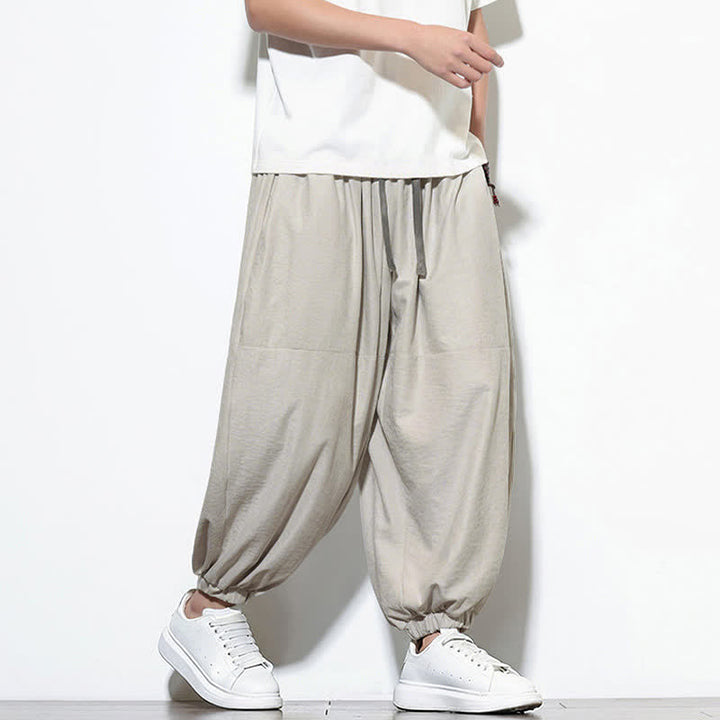 Buddha Stones Spring Solid Color Drawstring Cropped Men's Harem Cotton Pants With Pockets - image 15
