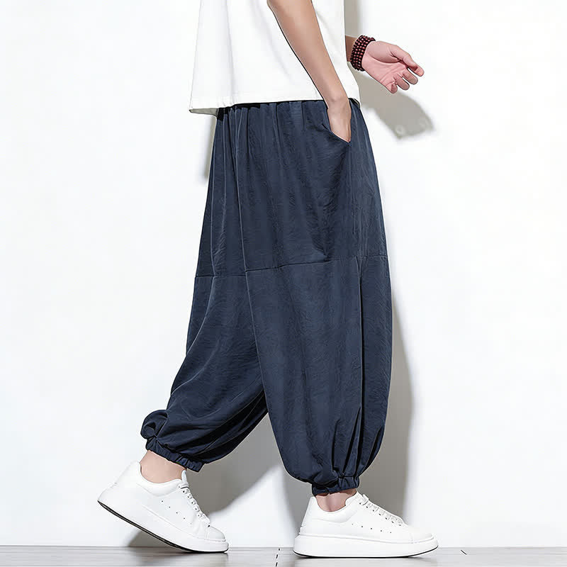 Buddha Stones Spring Solid Color Drawstring Cropped Men's Harem Cotton Pants With Pockets - image 5